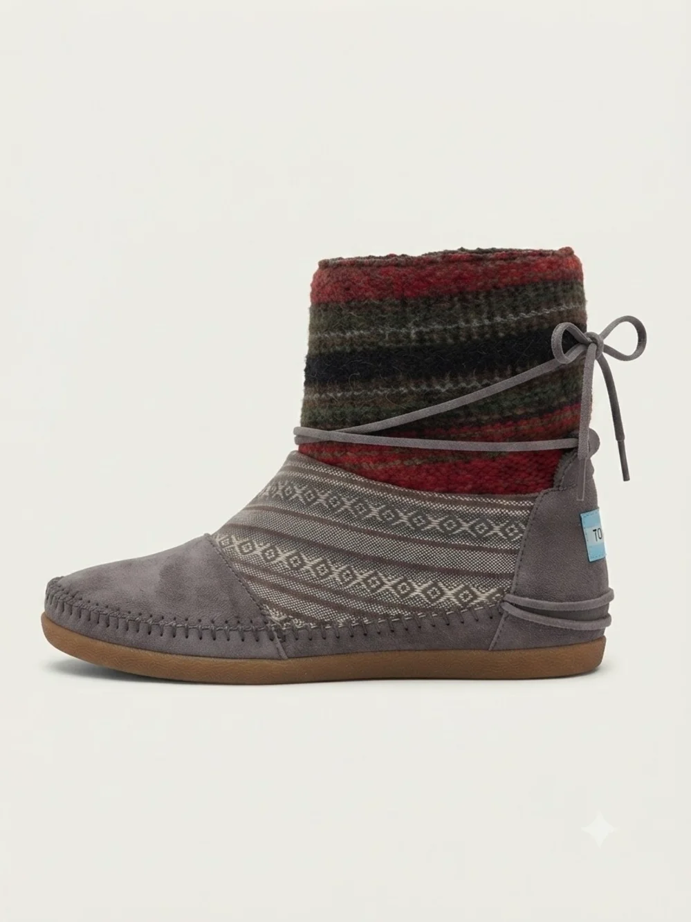 TOMS Gray Suede Booties with Red & Green Knit Shaft